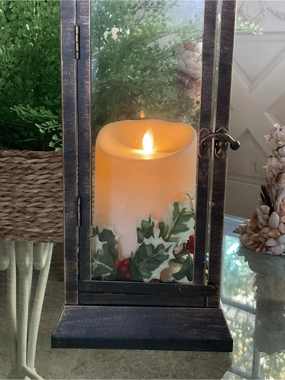 Rustic Black Metal Lantern with Red & Green Holiday Candle
